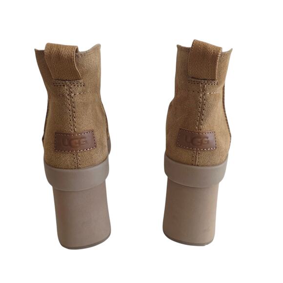 UGG Women's New Heights Platform Tan Leather Sherpa Lined Ankle Boots Size 10 - Picture 3 of 7